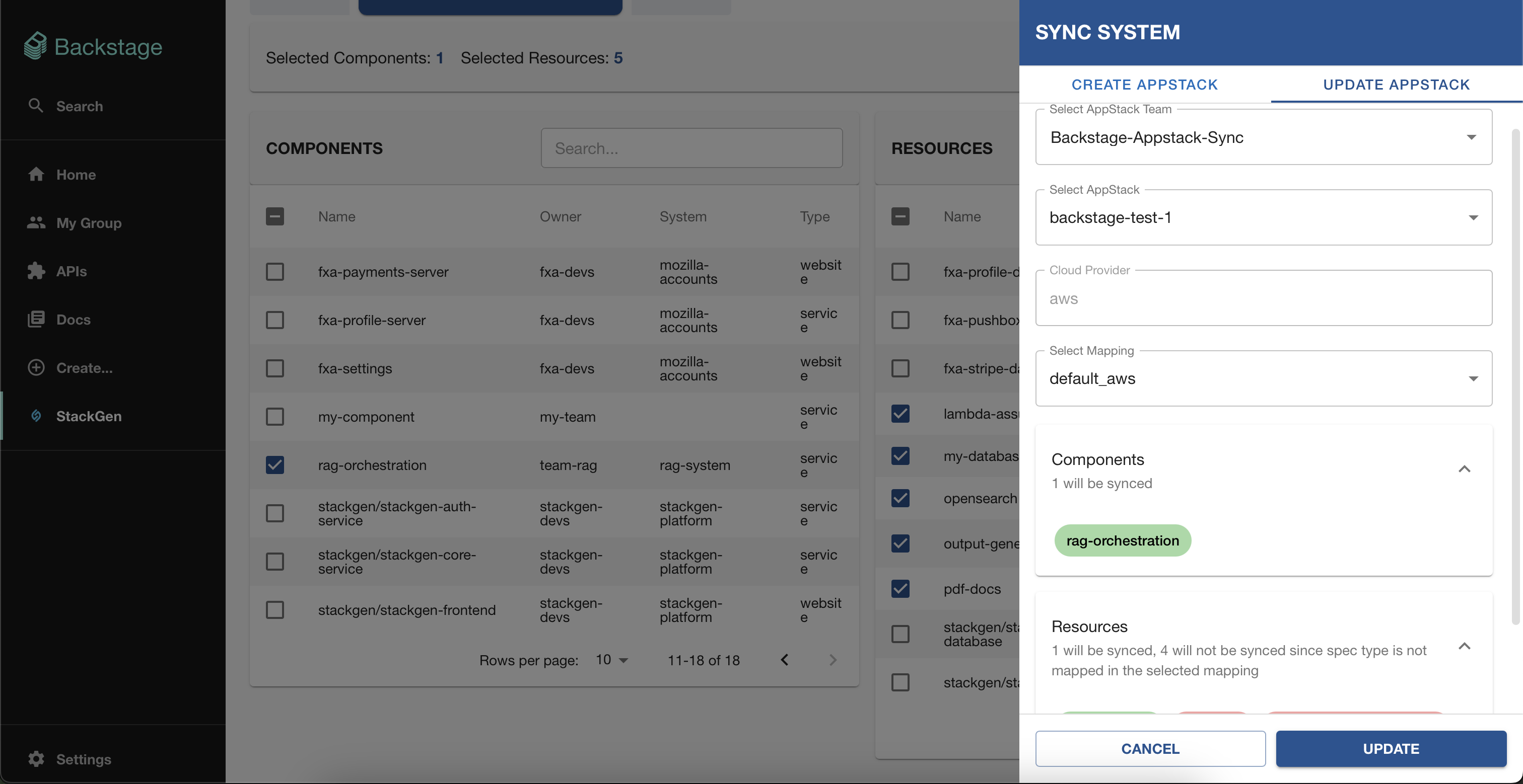 Update appStack from Components and Resources